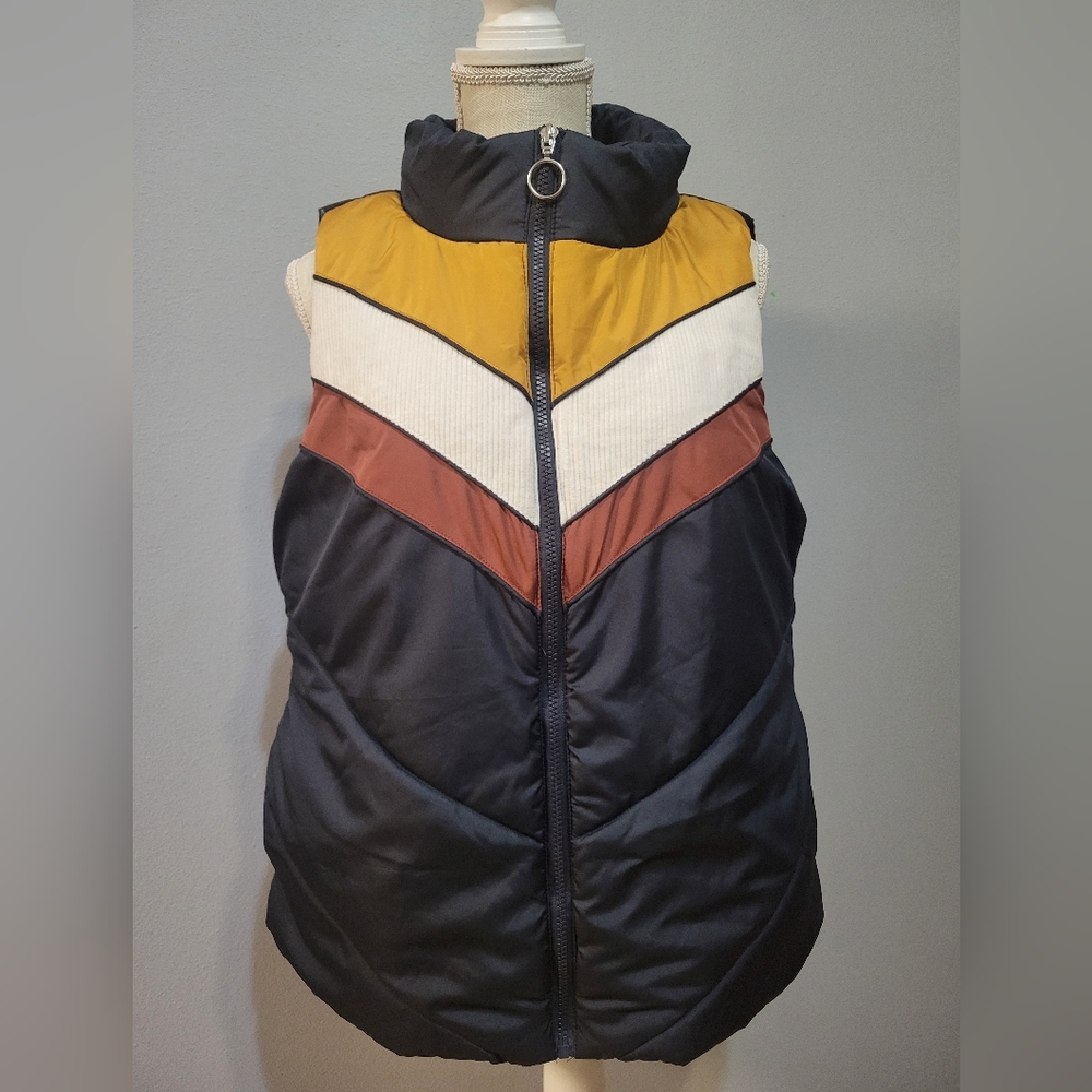 Forever Audrey women's size L navy zip-up vest with multi-colored front panels